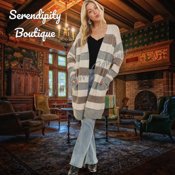 So Soft Snuggle Light Weight Long Duster Stripped Open Front Cardigan Duster - Picture 5 of 9